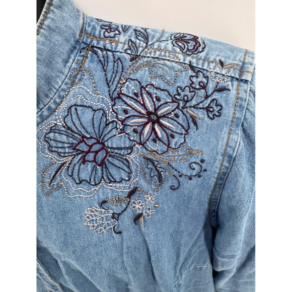 CJ Banks Women's Blue Denim Embroidered Collarless 3/4 Sleeve‎ Shirt 1X - Picture 5 of 8